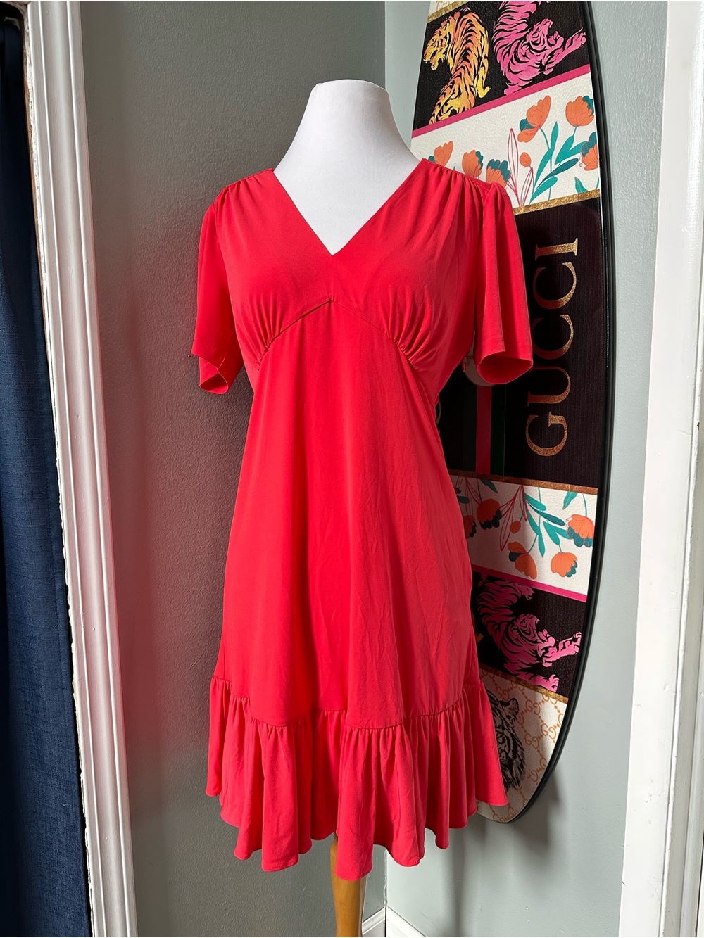 Michael Kors MK Fashion Basics Coral Drop Waist Stretch Ruffle Hem Dress Sz M
